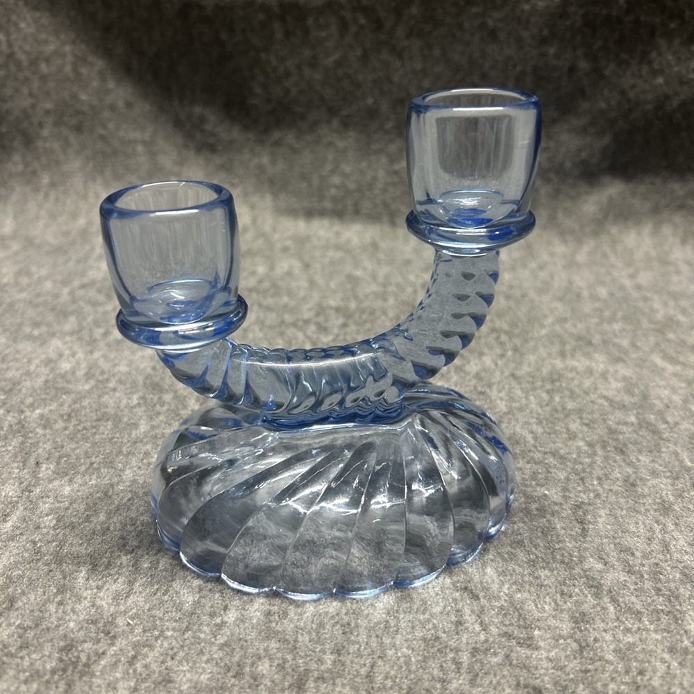Vtg Double Offset Level Glass Taper Candlestick Holder Viennese Blue Twist Swirl